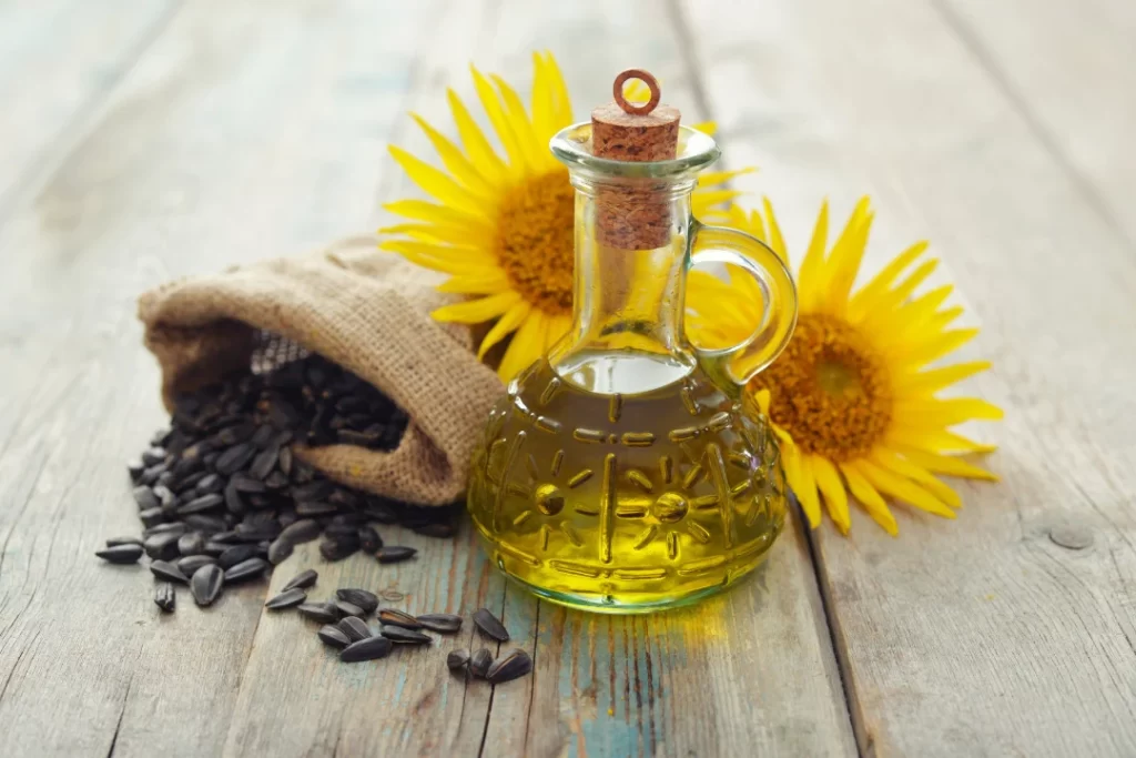sunflower seed oil in a glass bottle.