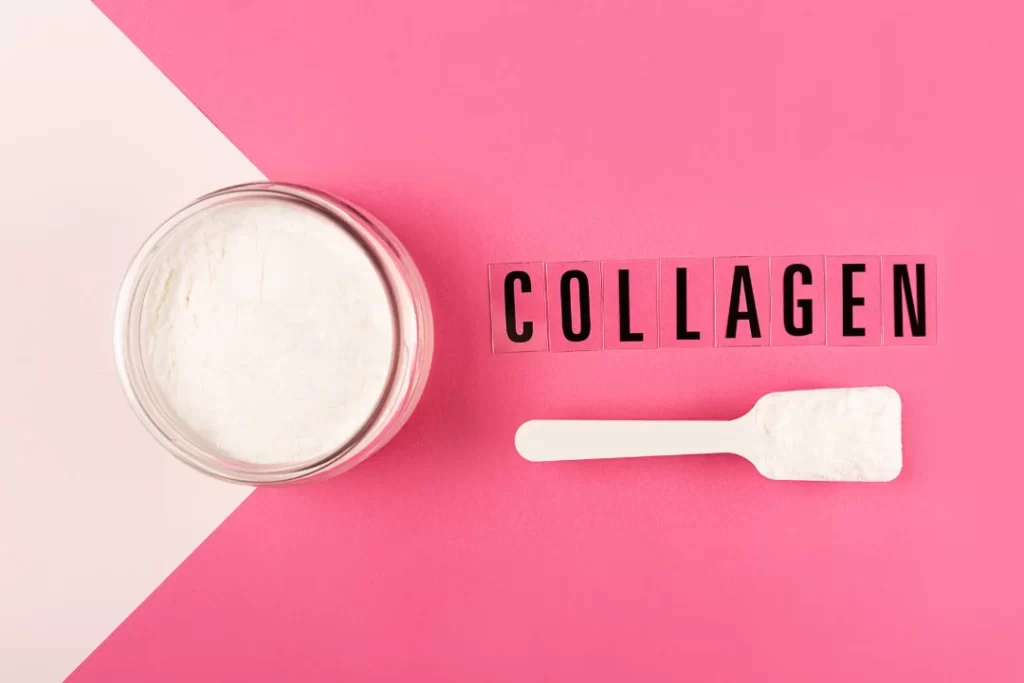 Collagen powder with a pink background. 