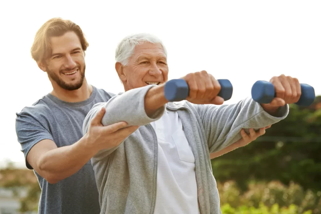 Young supporting older ones while exercising.