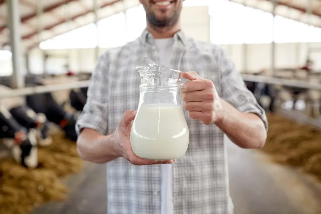 man showing cow milk in a jug