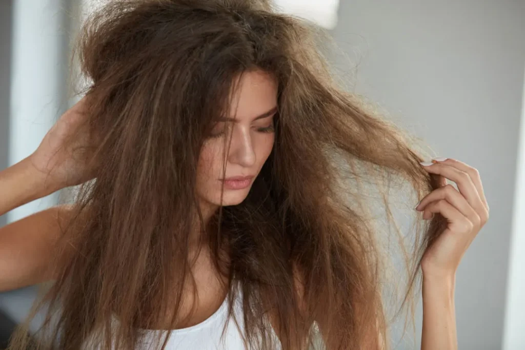 women holding dry and damaged hair.