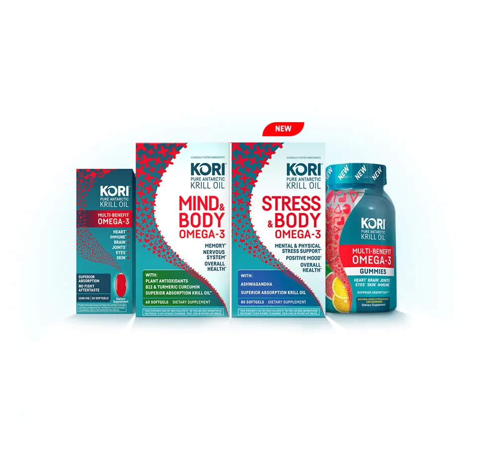 Kori Krill oil supplements in different size and packages